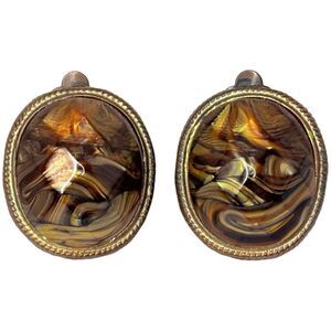 Vintage Bronze-Tone Swirl Button Earrings Clip-on Faux Tigers Eye Boho Chic
